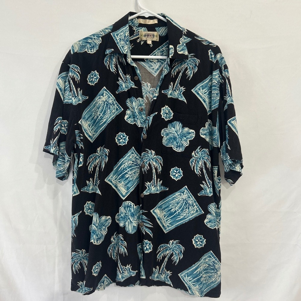 Campia Moda Mens Large Rayon Hawaiian Shirt Black Teal Palm Tree Hibiscus Print